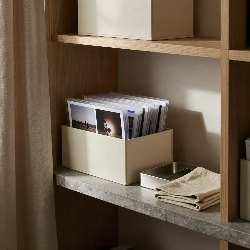 Warme Holznische mit Archivbox, Hüllfolien und Stoffvorhang im Morgenlicht.