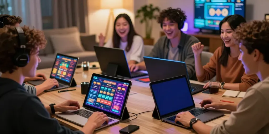 Engaged players enjoying Uk88 online gambling with vibrant interfaces in a cozy setting.