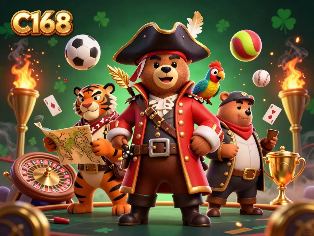 C168 pirate captain bear and tiger in a casino scene with sports elements, emphasizing thrilling bets.