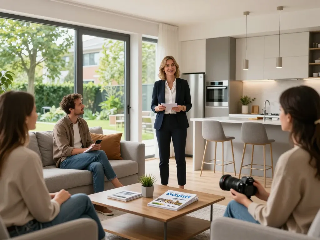 Immobilienmakler Frankfurt Preungesheim präsentiert potenziellen Käufern eine moderne Immobilie in einladender Atmosphäre.