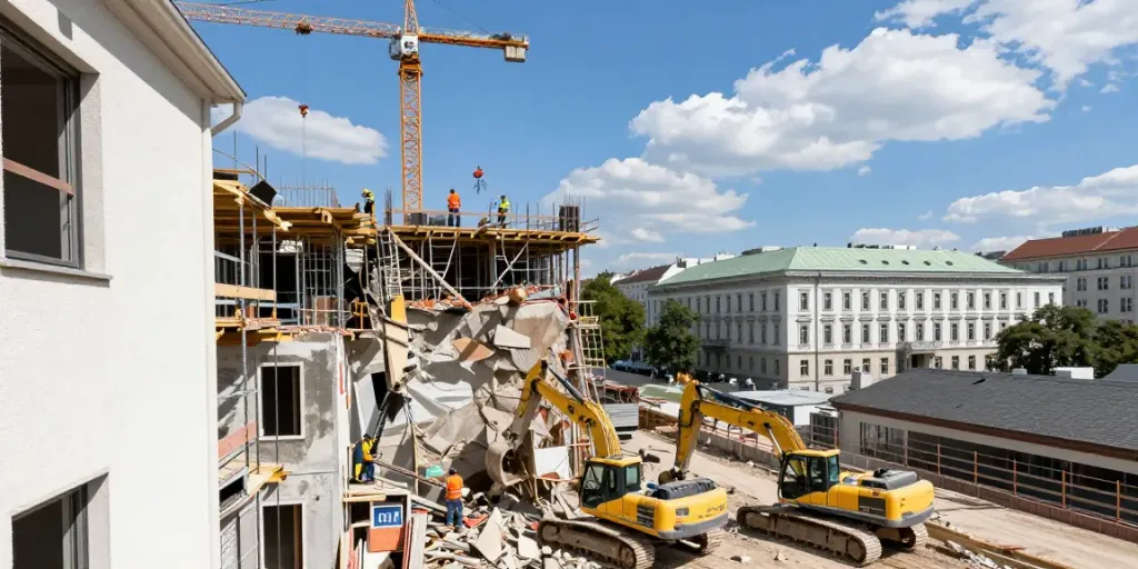 Professioneller Abbruch in Wien: Abbruchteam arbeitet an einem Wohngebäude mit schwerem Gerät.