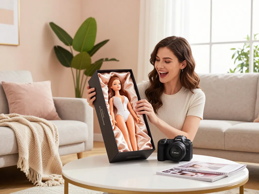 Sofort Lieferbar stilvolle Sexpuppe Unboxing in einem hellen Wohnzimmer