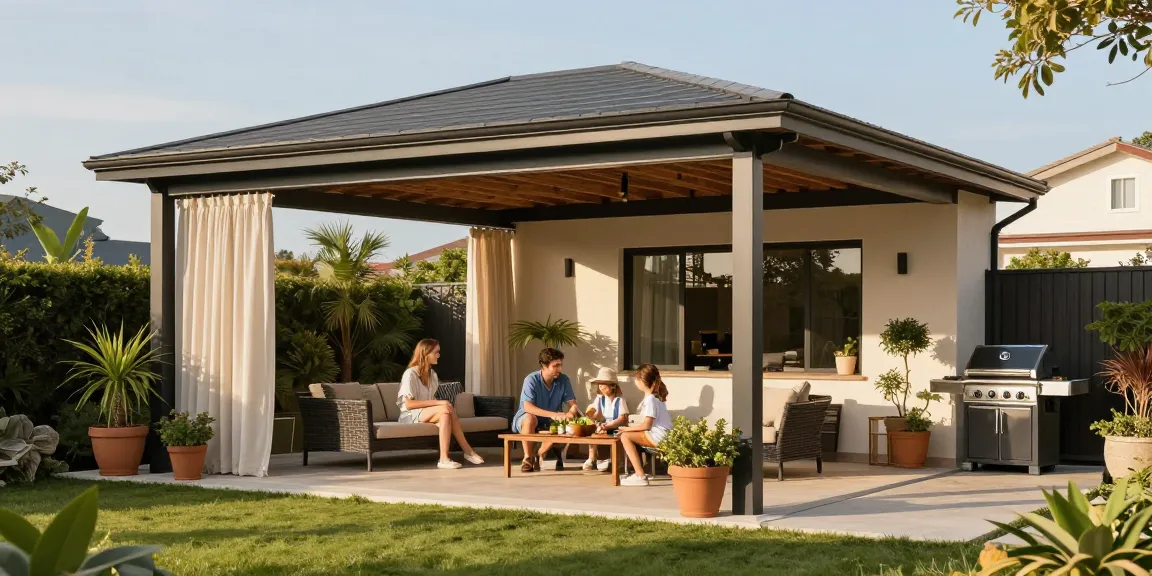 Moderne freistehende Terrassenüberdachung in einem schönen Garten mit Familie.