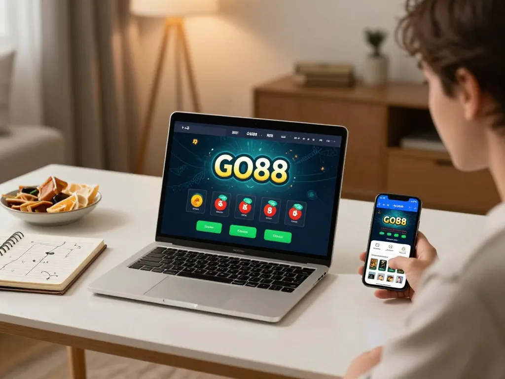 Player enjoying GO88 casino game on laptop with strategic notes in cozy home setting.