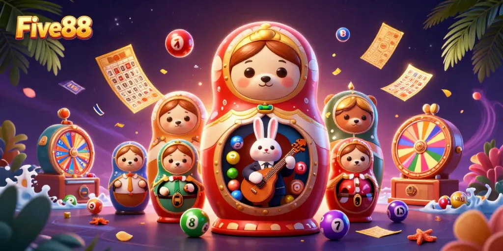 Experience the excitement of Five88 with vibrant casino-themed elements and characters in a dynamic setting.