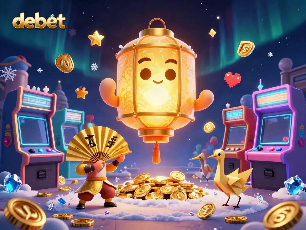 Experience debet's vibrant online casino world with a magical 3D illustration of a glowing lantern spirit.