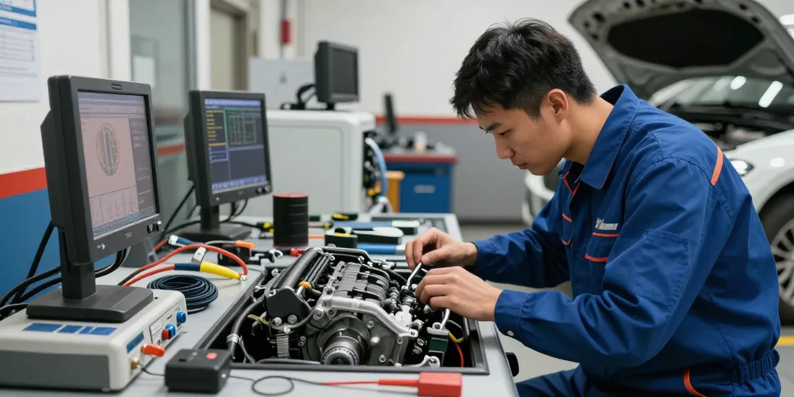 Professioneller Mechaniker in der BMW Werkstatt Hannover bei der Motorinspektion.