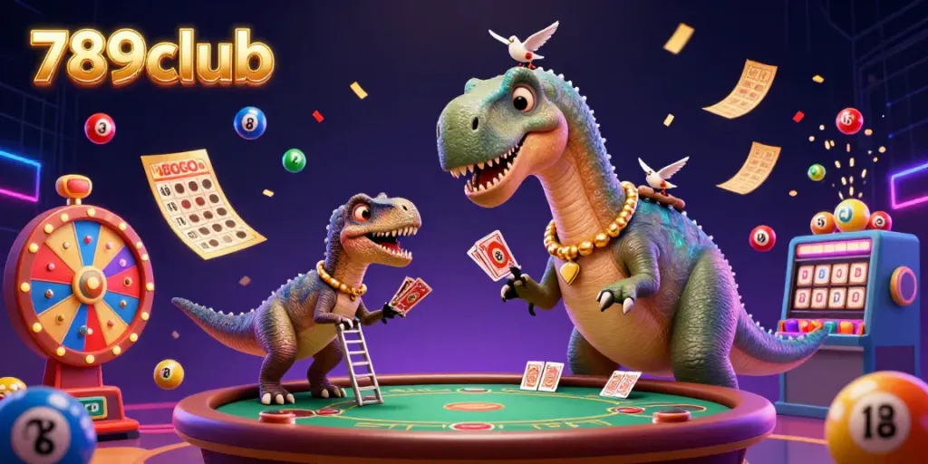 Engage in vibrant casino fun at 789club with a whimsical dinosaur and clever raptor in a lively scene.