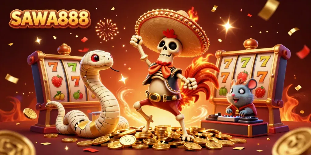 Experience the vibrant world of SAWA888 with a dancing mariachi rooster and golden coins.