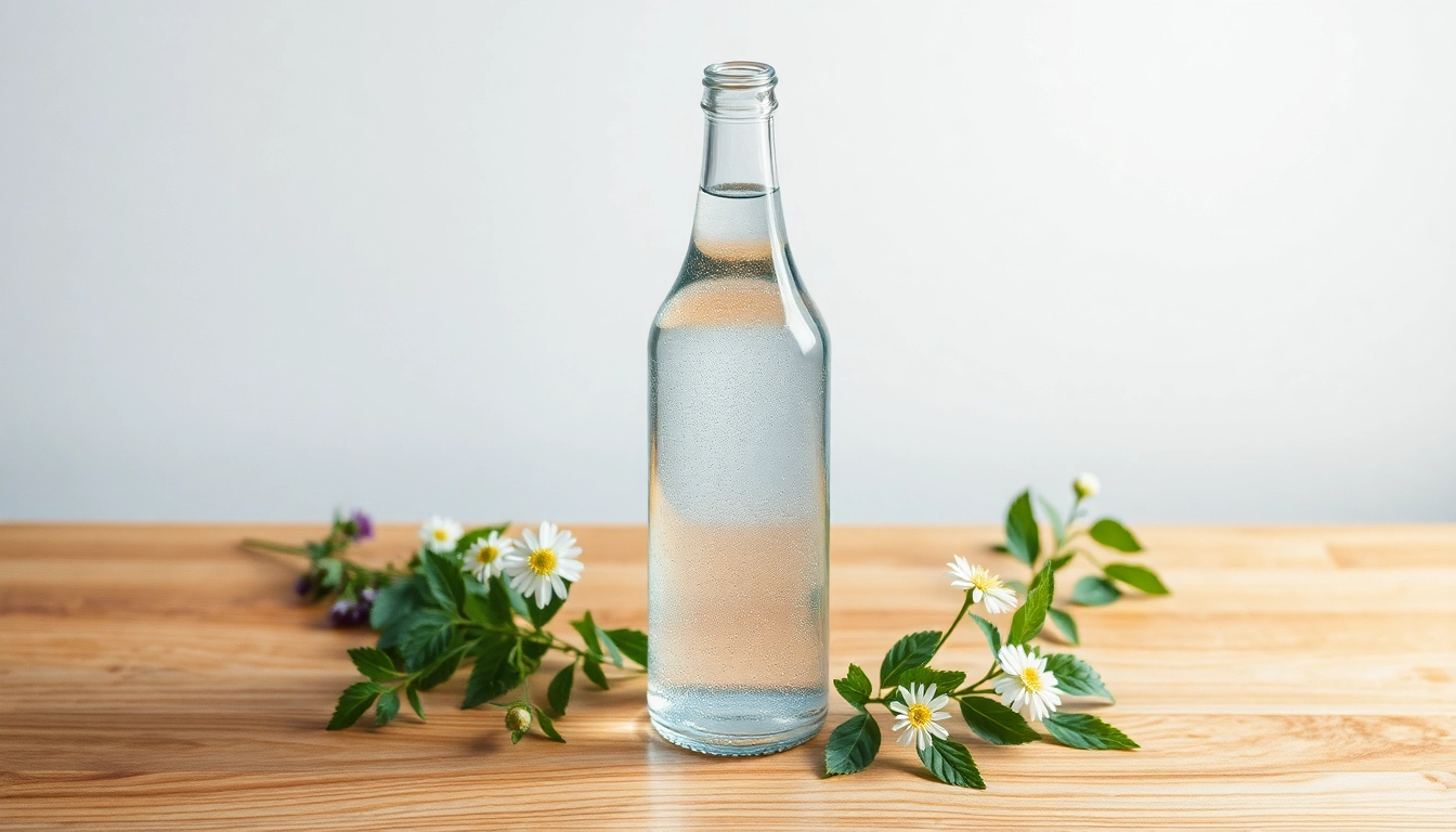 Erfrischendes Silberwasser in einer eleganten Flasche, umgeben von frischen Kräutern.
