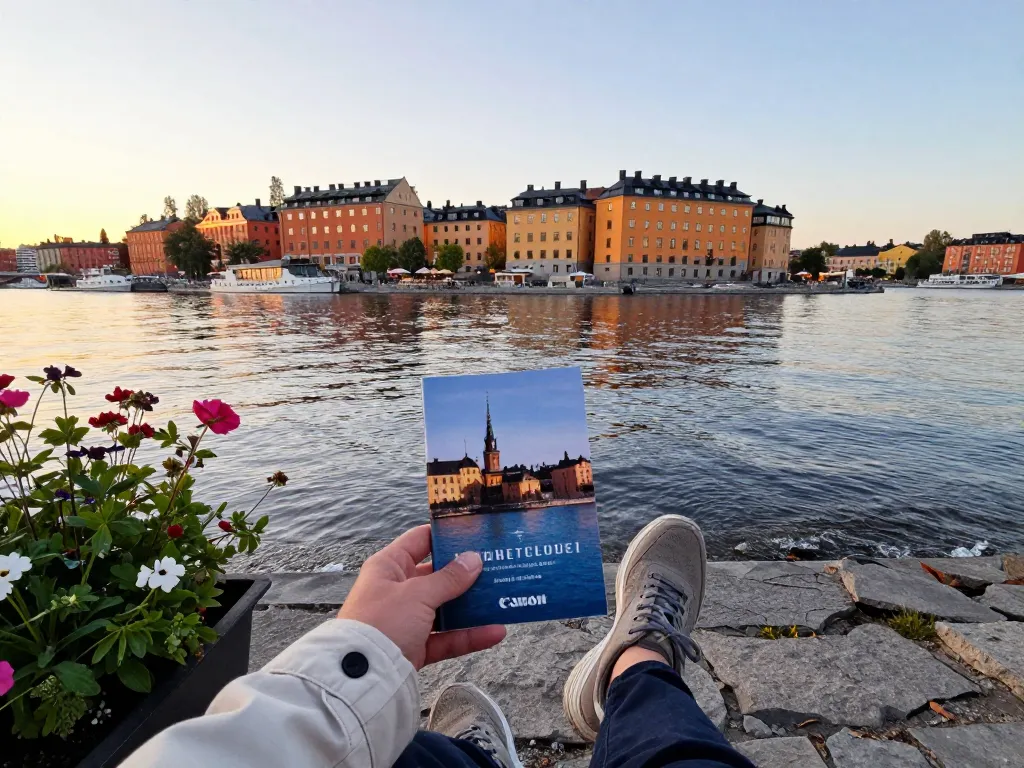 Reisetipps Stockholm Reisender, der auf die malerische Uferpromenade blickt und den Sonnenuntergang mit Reiseführer genießt.