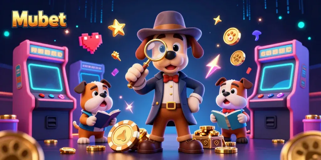 Mubet cartoon detective investigates a golden poker chip in a vibrant casino scene filled with game elements.