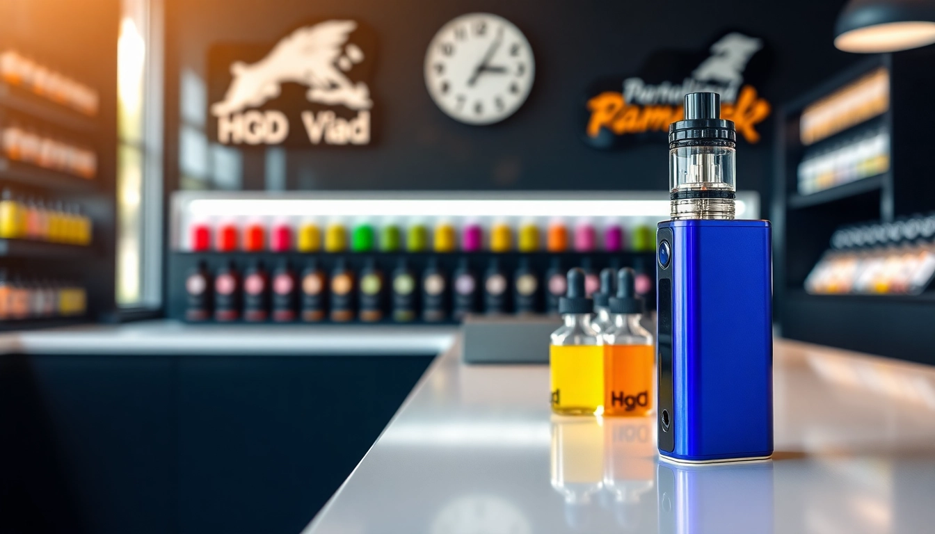 Entdecken Sie das stilvolle hqd vape mit bunten E-Liquid-Flaschen im Hintergrund.
