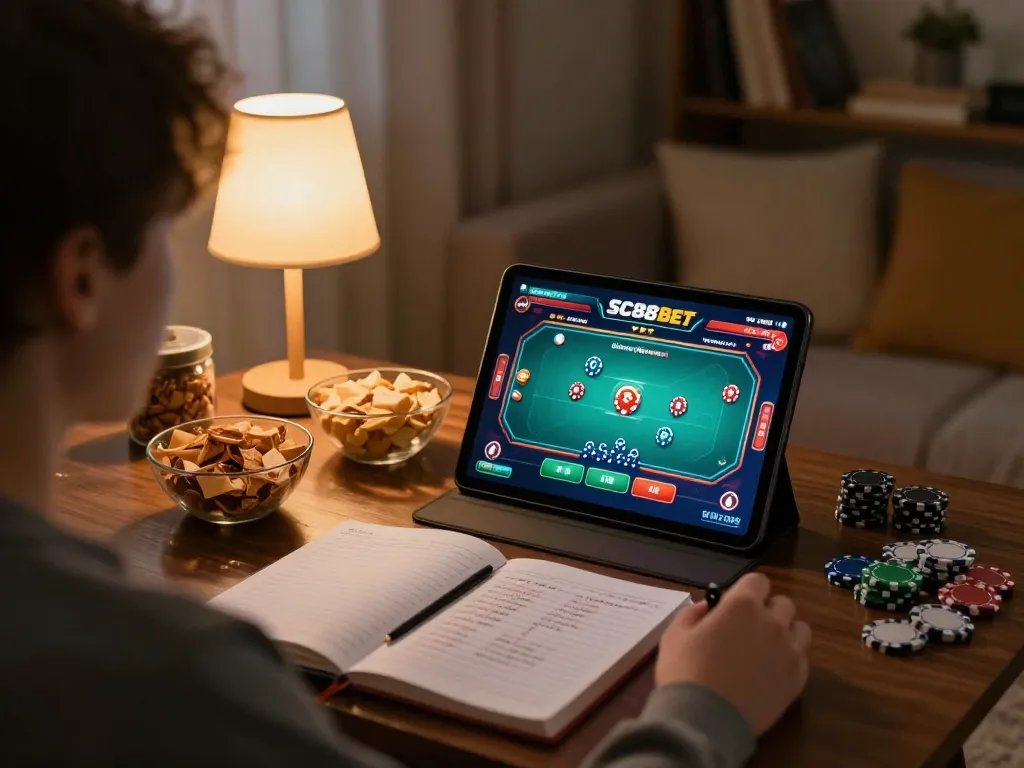 Engage in SC88 BET online gaming with vibrant poker action on a tablet at home.