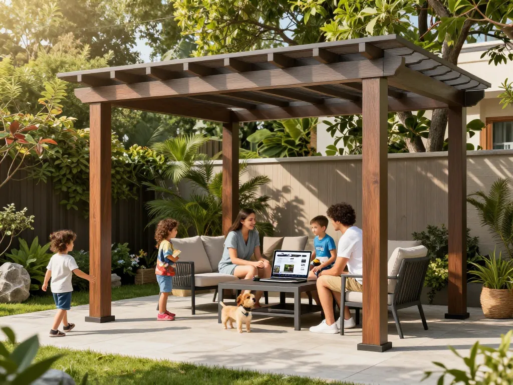 Familie genießt ein Pergola 3D Design-Erlebnis in einem schönen Garten.