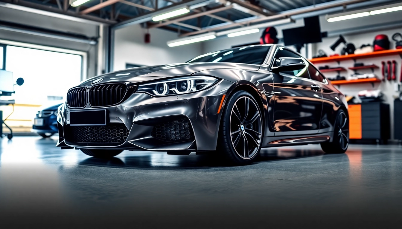 BMW Nachrüstung in einem professionellen Garagenumfeld mit Zubehör und Werkzeugen erleben.