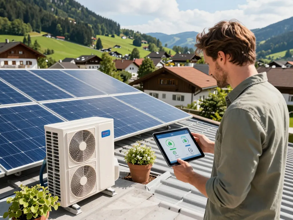 Hausbesitzer inspiziert ein photovoltaisches System in Bayern und präsentiert Innovationen im Bereich erneuerbare Energien mit Photovoltaik Bayern.