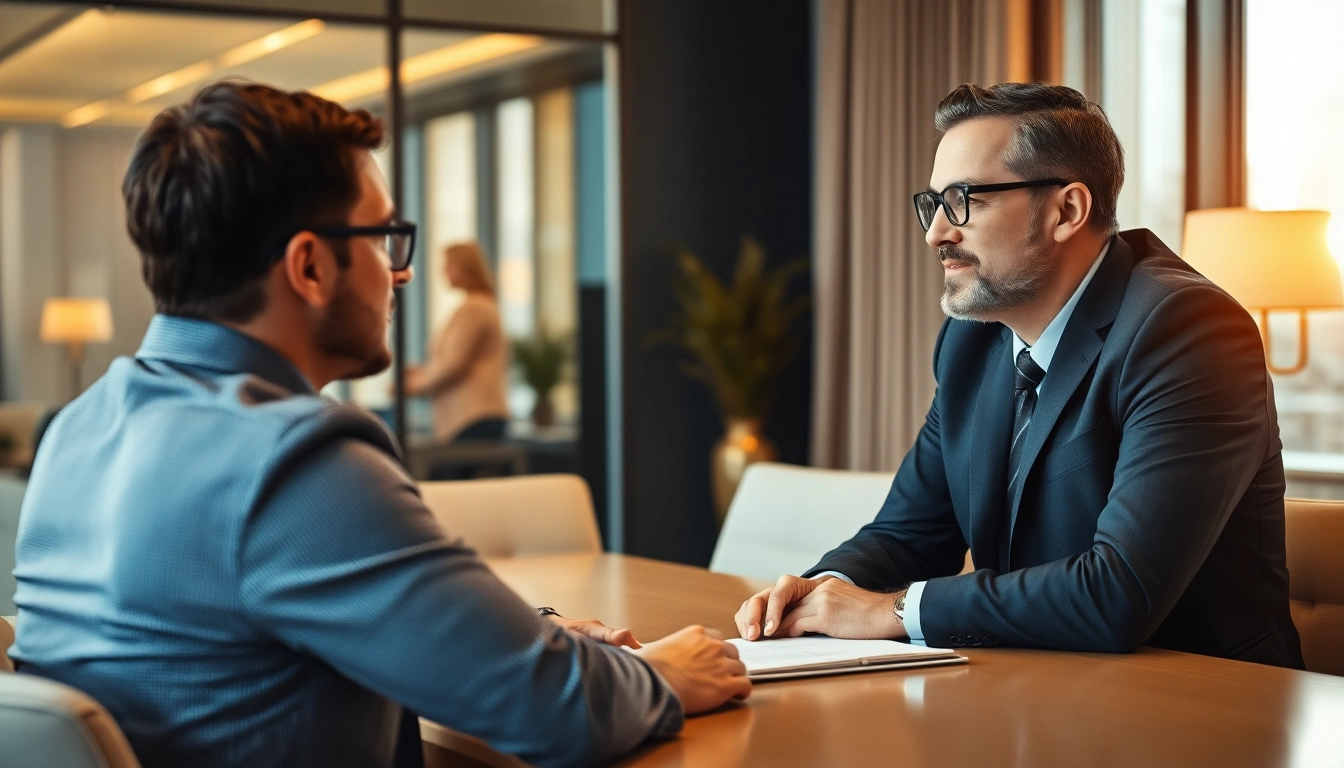 Headhunter führt ein diskretes Gespräch mit einem hochqualifizierten Kandidaten in einer modernen Büroumgebung.