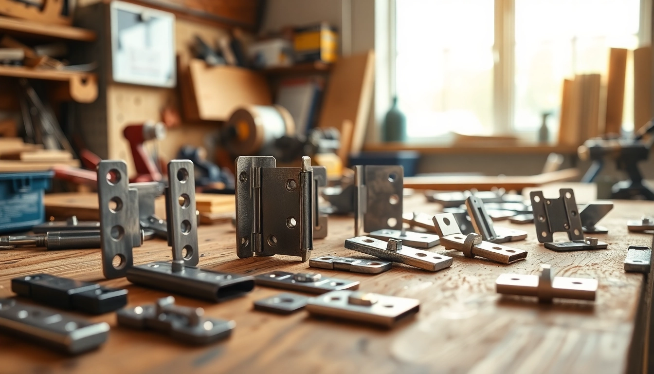 Hochwertige Produkte von Cabinet Hinge Manufacturers auf einem Werkbank mit starken Metalloberflächen.