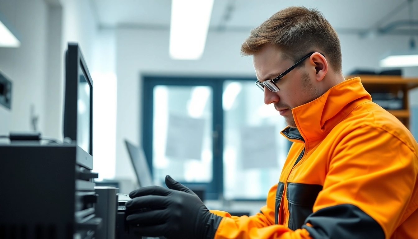 Techniker führt einen Prüfservice durch, überprüft elektrische Geräte mit modernem Equipment, DGUV V3 konform.