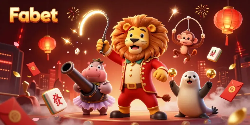 Experience the thrill at Fabet with vibrant characters and dynamic casino elements in this festive illustration.