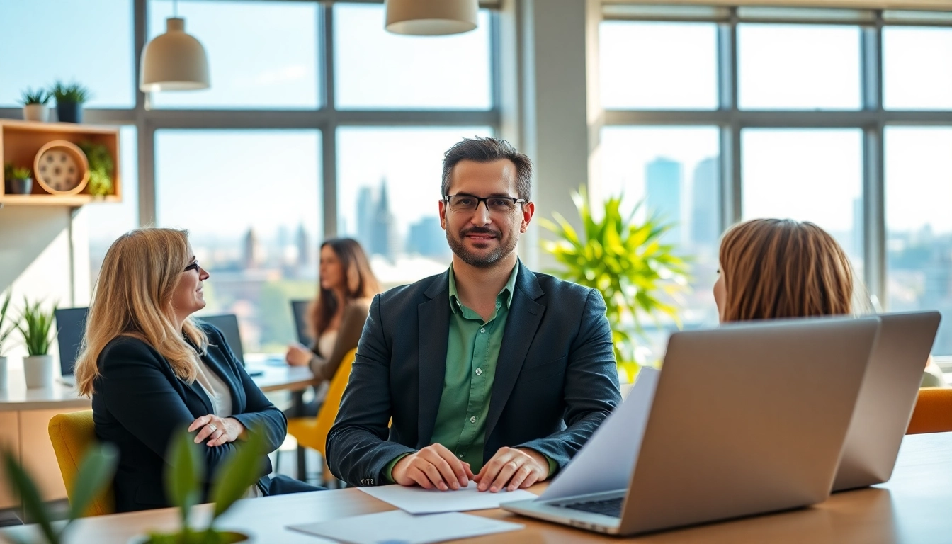 mmobilienmakler Frankfurt Riedberg steht bereit, um Kunden in einem modernen Büro zu unterstützen.