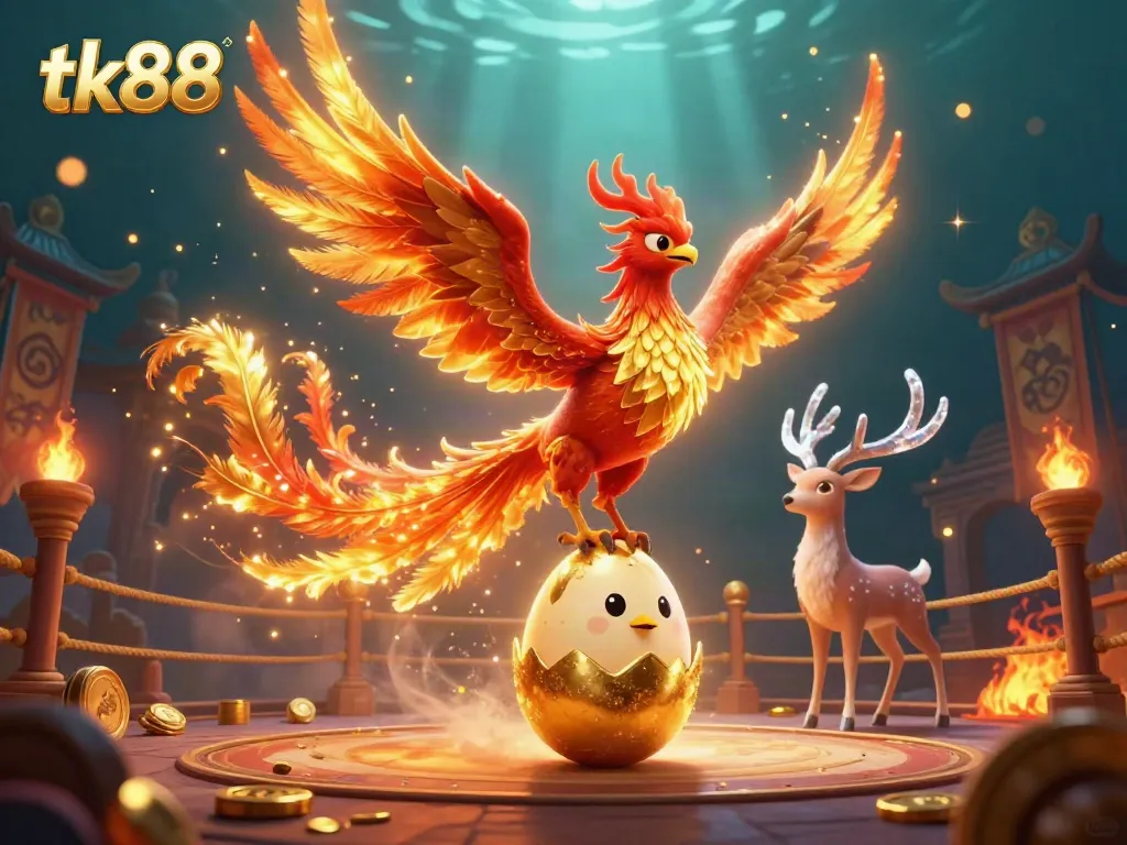 Experience the excitement of tk88 with a vibrant casino-themed 3D illustration featuring mythical creatures.