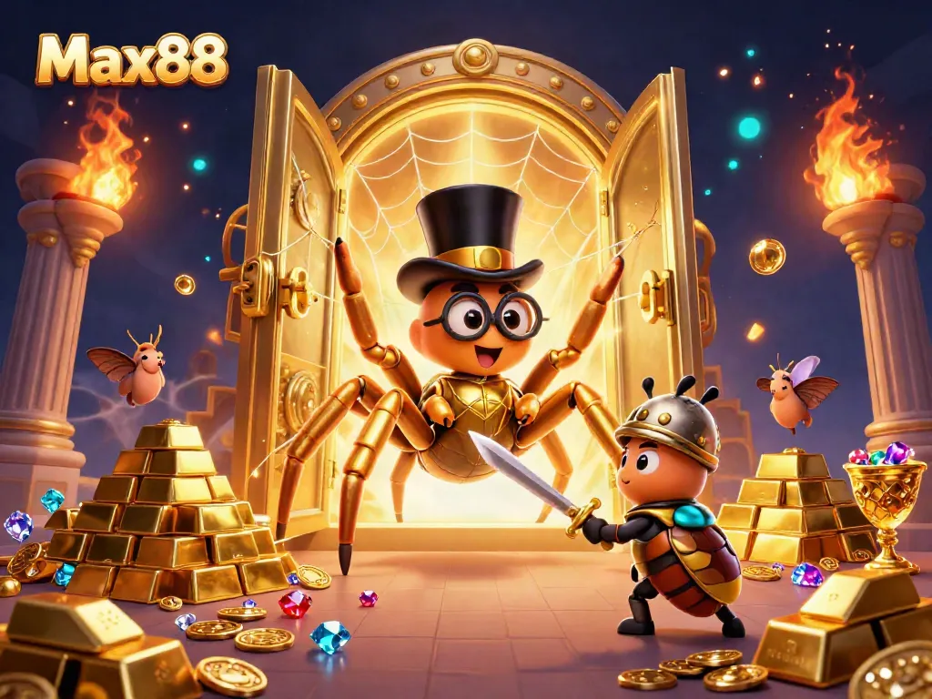 Max88 captivates players with an enchanting casino scene featuring a golden tarantula and a knight in a magical setting.