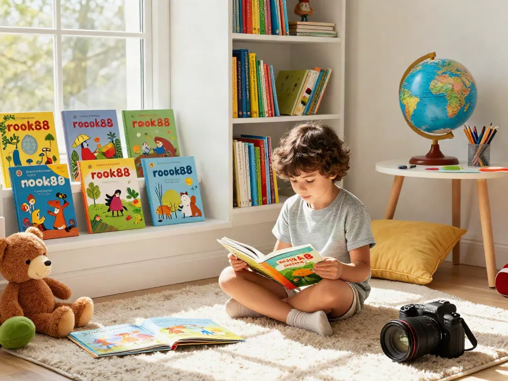 A child reading from the rokok88 children's book collection in a cozy, colorful reading nook.