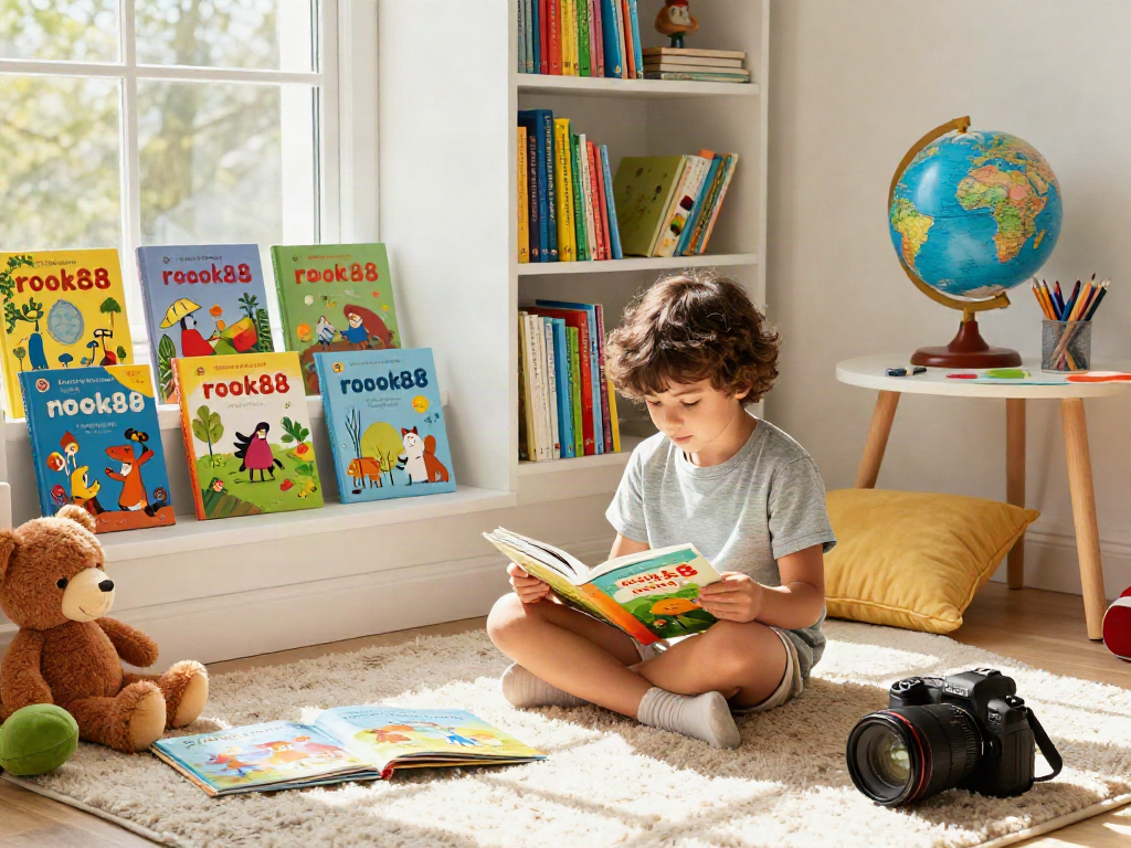 A child reading from the rokok88 children's book collection in a cozy, colorful reading nook.