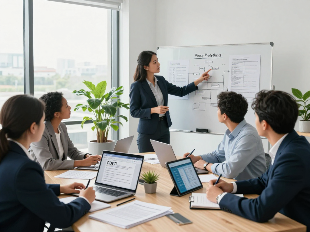 Startseite: Datenschutzexperten im modernen Büro besprechen Compliance-Strategien.