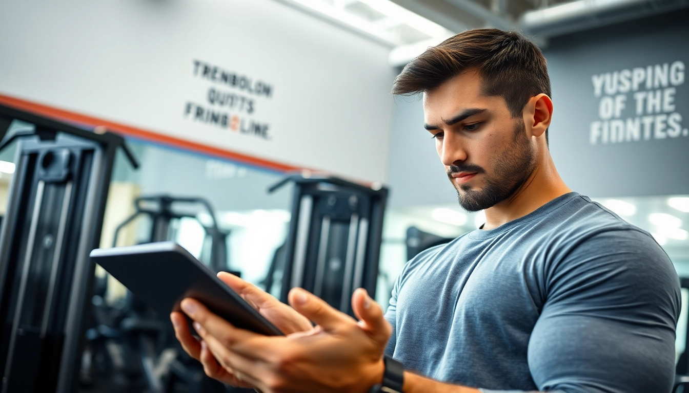 Analysing trenbolon preis with focused attention in a vibrant gym environment.