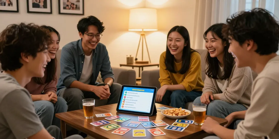 Quiz Allgemeinwissen Freude beim Spielen einer interaktiven Quizrunde mit Freunden im Wohnzimmer