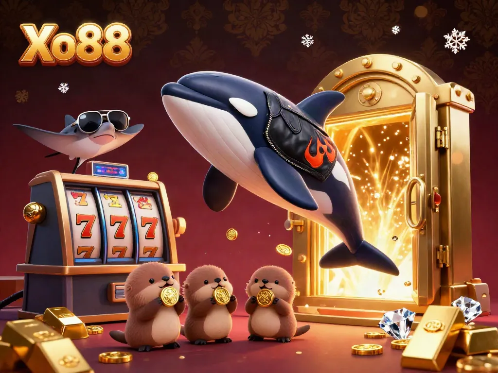 Xo88 offers a thrilling scene with a cartoon orca and lively sea animals celebrating casino wins with gold treasures.