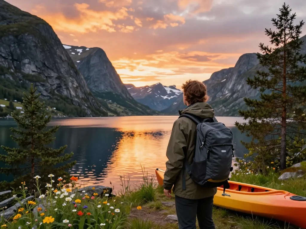 Skandinavien Reisetipps: Ein Reisender, der atemberaubende Fjordausblicke bei Sonnenuntergang genießt.