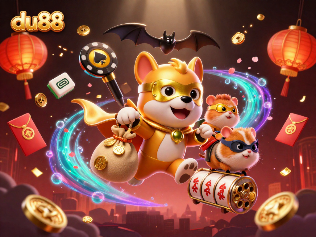 Join the du88 superhero dog and sidekick in an exciting casino adventure filled with vibrant gaming elements.