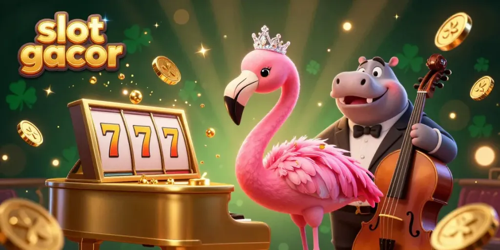 Experience the vibrant scene of slot gacor games with dynamic elements showcasing slot reels, dazzling characters, and gold coins.