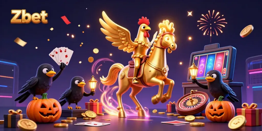 Zbet casino scene with a golden rooster and lantern-carrying crows, vibrant slot games and festive elements.