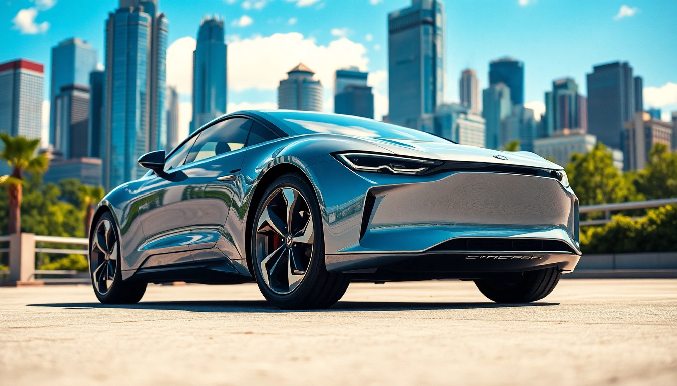 Elektroautos spielend in der Stadtumgebung mit moderner Architektur und frischer Natur.