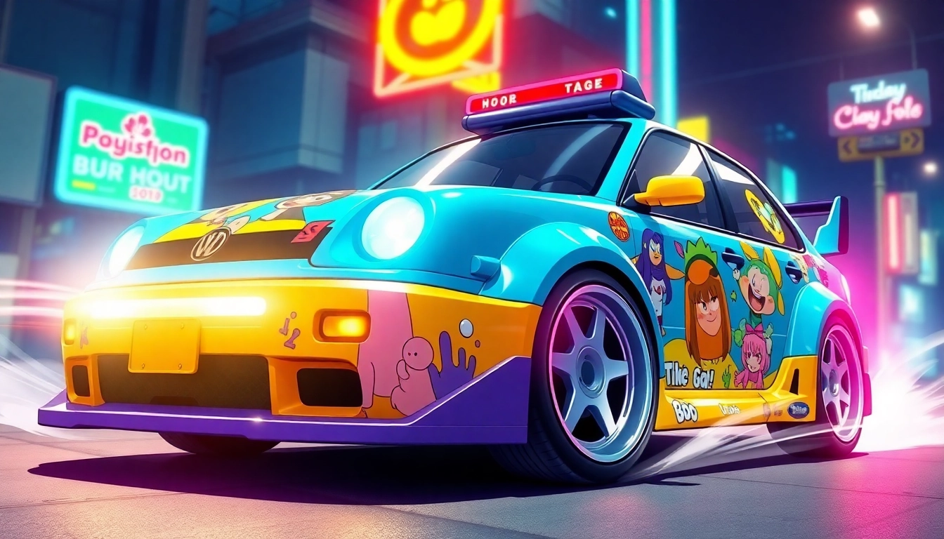 View an anime car featuring colorful character decals that captivate fans of anime culture.