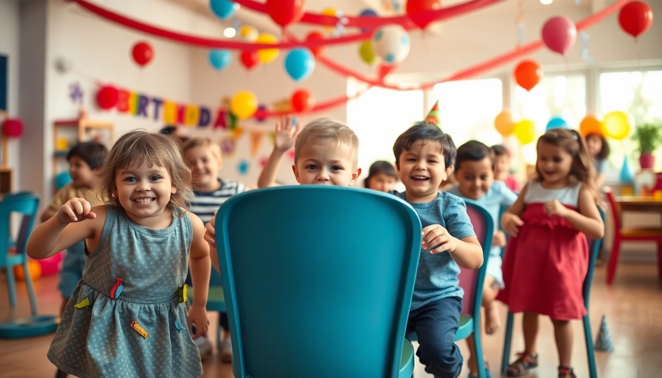 Kinder spielen Bewegungsspiele auf einer Geburtstagsfeier, hier klicken und informieren!