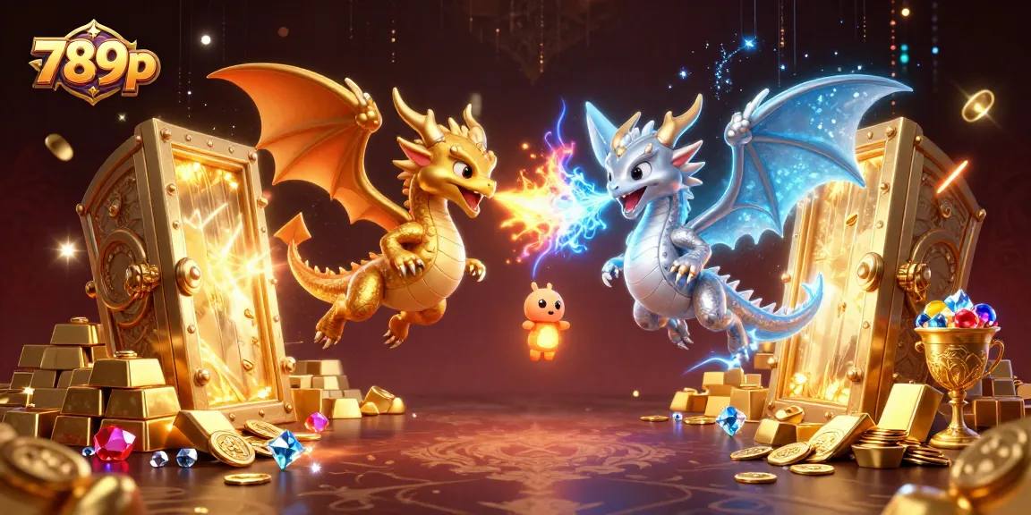 Experience thrilling action with 789p as twin dragons soar amid treasures and dynamic elements in this 3D illustration.