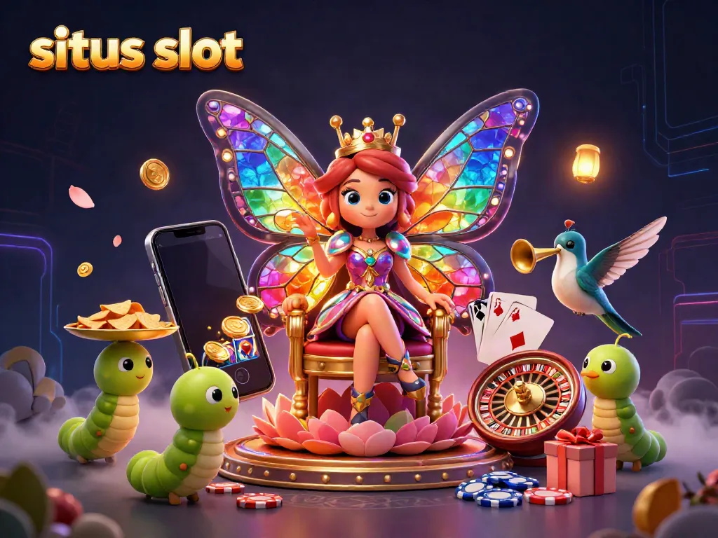 Experience thrilling spins and jackpots at situs slot with a vibrant 3D illustration of a butterfly queen in a magical casino.