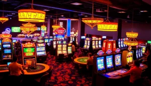 Exciting gaming atmosphere at an online casino Österreich with colorful slot machines and players enjoying various games.