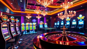 Explore enticing casino bonuses ohne Einzahlung with captivating slot machines and a roulette table backdrop.
