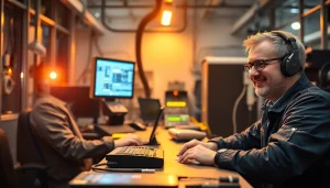 Techniker bei der DGUV V3 Prüfung elektrischer Geräte, Sicherheitsüberprüfung in einem modernen Umfeld.