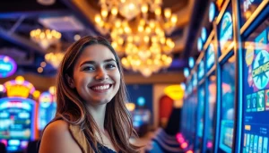 Entdecken Sie Casino Bonus Angebote in einem glücklichen Spielerlebnis mit bunten Spielautomaten und festlicher Atmosphäre.