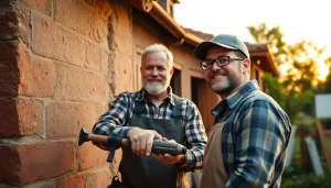 Hausrenovierung zeigt einen Handwerker bei der Wiederherstellung eines alten Gebäudes mit Werkzeugen und Renovierungsplänen.
