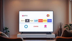 Discover top IPTV anbieter through smart TV logos in a cozy setup.