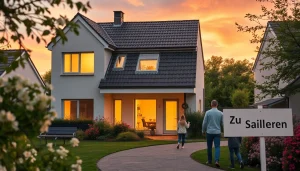 Familien betrachten ein modernes Einfamilienhaus als potenziellen Hauskauf in einer ruhigen Wohngegend.